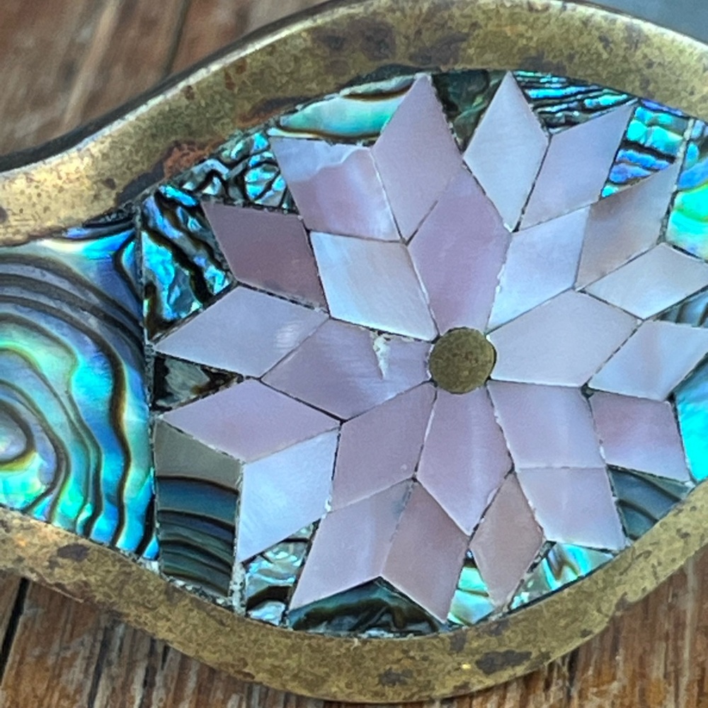 VINTAGE BRACELET abalone flower Mexican cuff - Picture 15 of 16